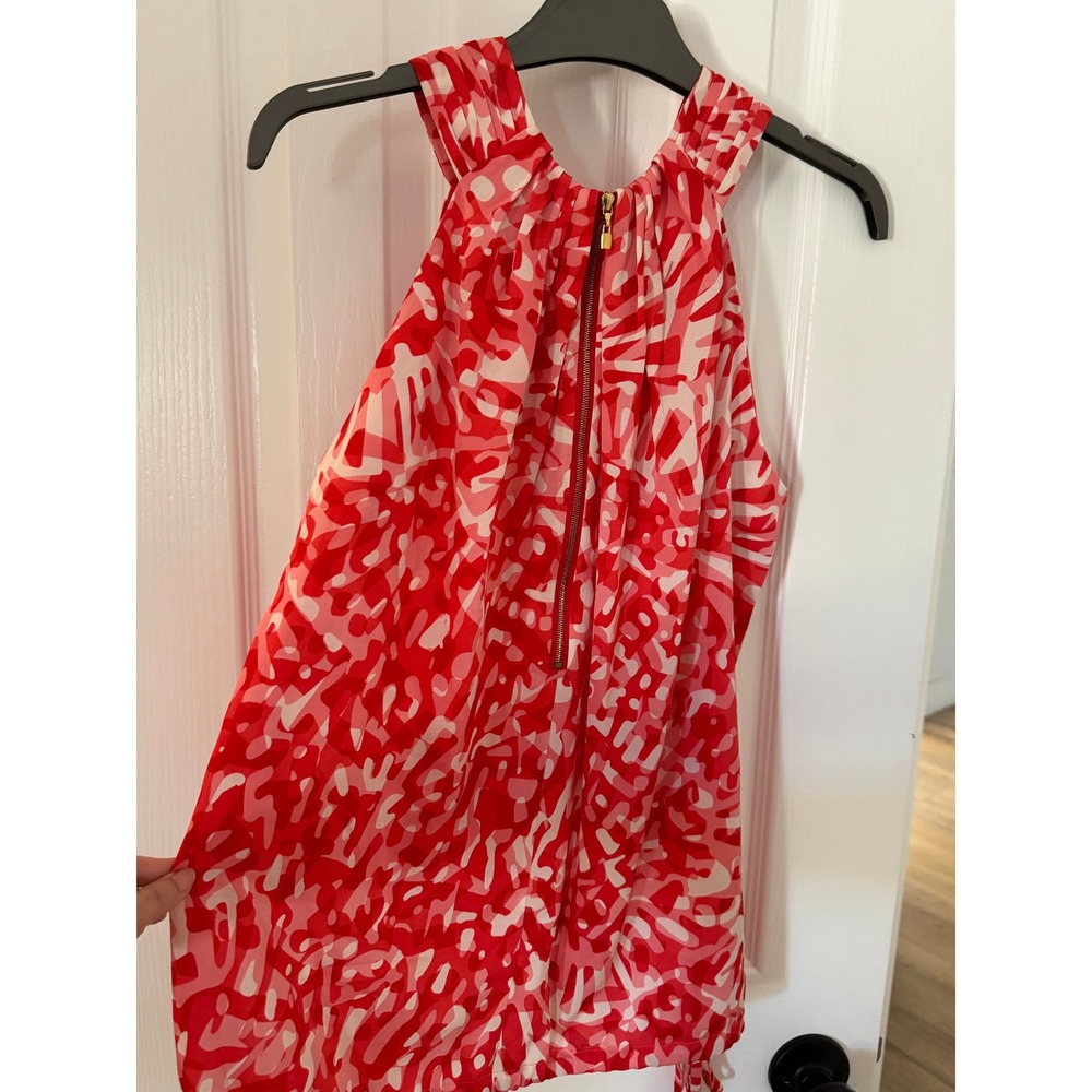 St. John Collection Silk Blend Halter Top Red White Abstract Sleeveless Blouse S - Picture 2 of 5